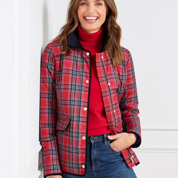 Talbots Women's 2X Snowflake Plaid Red Tartan Full Zip Snap Up Barn Jacket - Picture 1 of 6